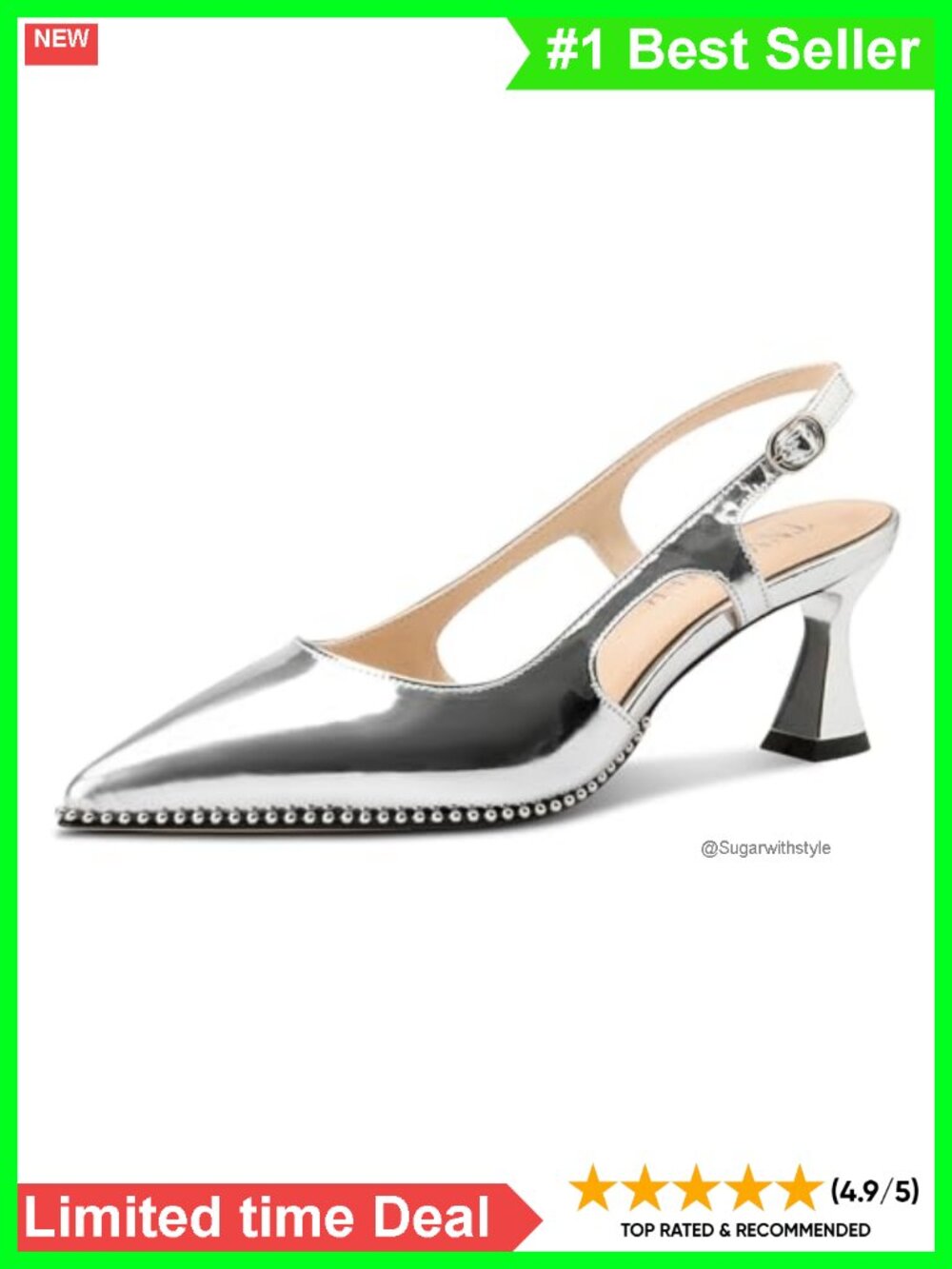 Kitten Heel Pointed Toe Patent Leather Beaded Slingback Pumps Prom Heels